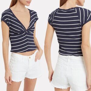 Alc Sabina Blue Striped Crop Top V-Neck White‎ Size XS Stretch Cap Sleeves Tee